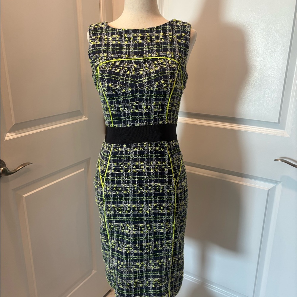 Milly Black and Yellow Tweed Midi Dress